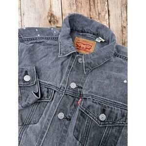 Levis Jacket Size Small Women Gray Trucker‎ Jean Coat Denim White Paint Splatter